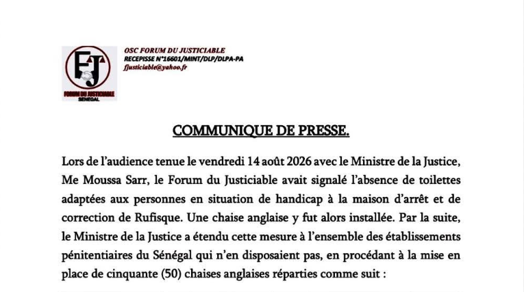 Forum du justiciable salue les actions du ministre de la Justice dans les établissements pénitentiaires